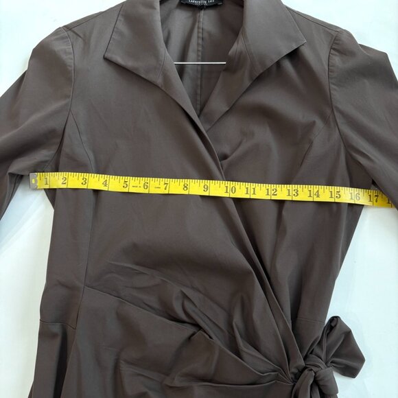 Lafayette 148 NY Brown Dolly Wrap Tie Dress Cotton Stretch Sz 8 Minimalist Chic - Picture 8 of 9